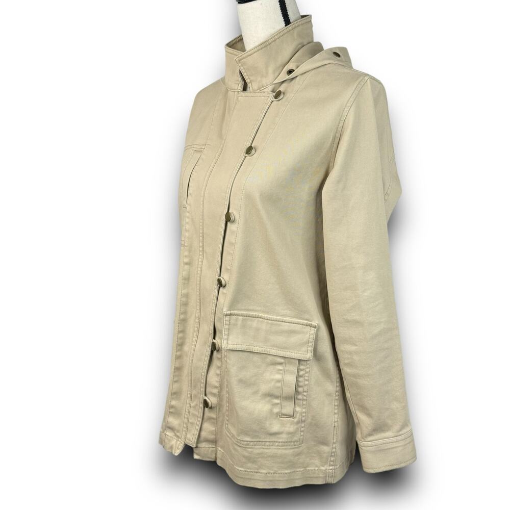 CAbi Nanook Tan Cotton Twill Utility Jacket Lightweight Faux Fur Hood Size Small - Picture 9 of 13